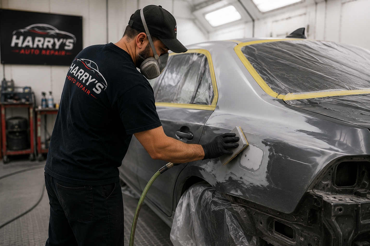 Bodywork prep in the Harry's Auto Repair spray booth